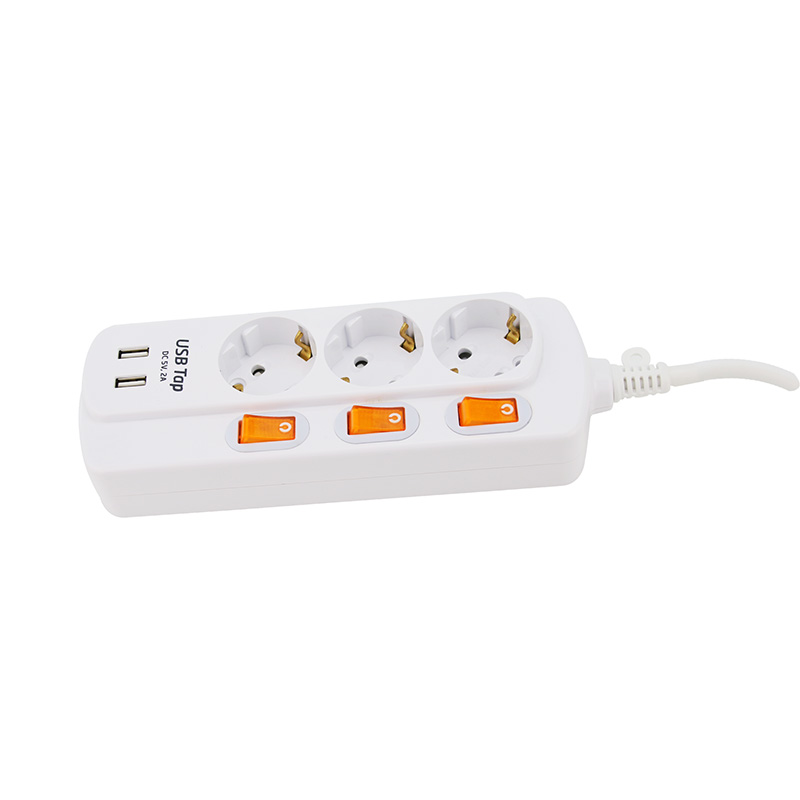 Rezistență chimică 3 prize standard UE cu 2 porturi USB și 3 comutator individual Rezistență chimică 3 prize standard UE cu 2 porturi USB și 3 comutator individual